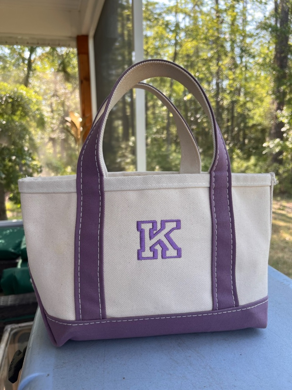 L.L.Bean Small Boat and Tote | Canvas Monogram “K” Purple Trim USA Made